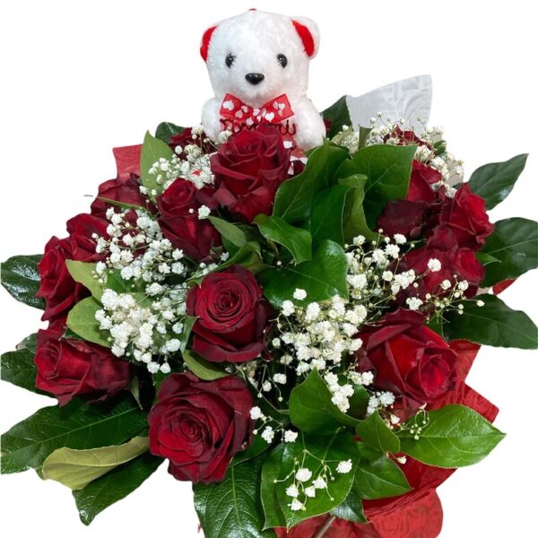 Μπουκέτο με 15 κόκκινα τριαντάφυλλα Ecuador Explorer και αρκουδάκι