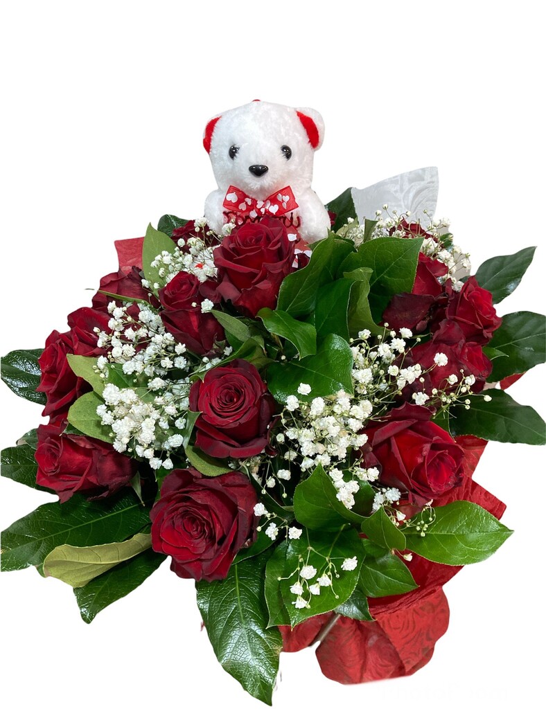 Μπουκέτο με 15 κόκκινα τριαντάφυλλα Ecuador Explorer και αρκουδάκι