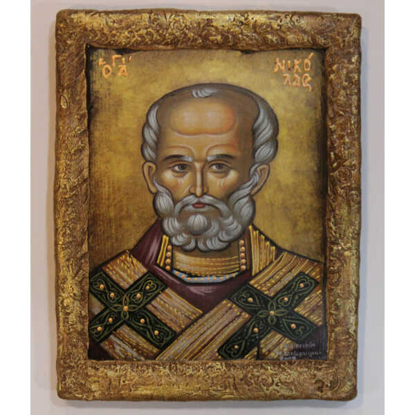 Εικόνα Άγιου Νικολάου ξύλινη με περίγραμμα πηλού διαστάσεις 25×20 ΞΥΛΙΝΗ