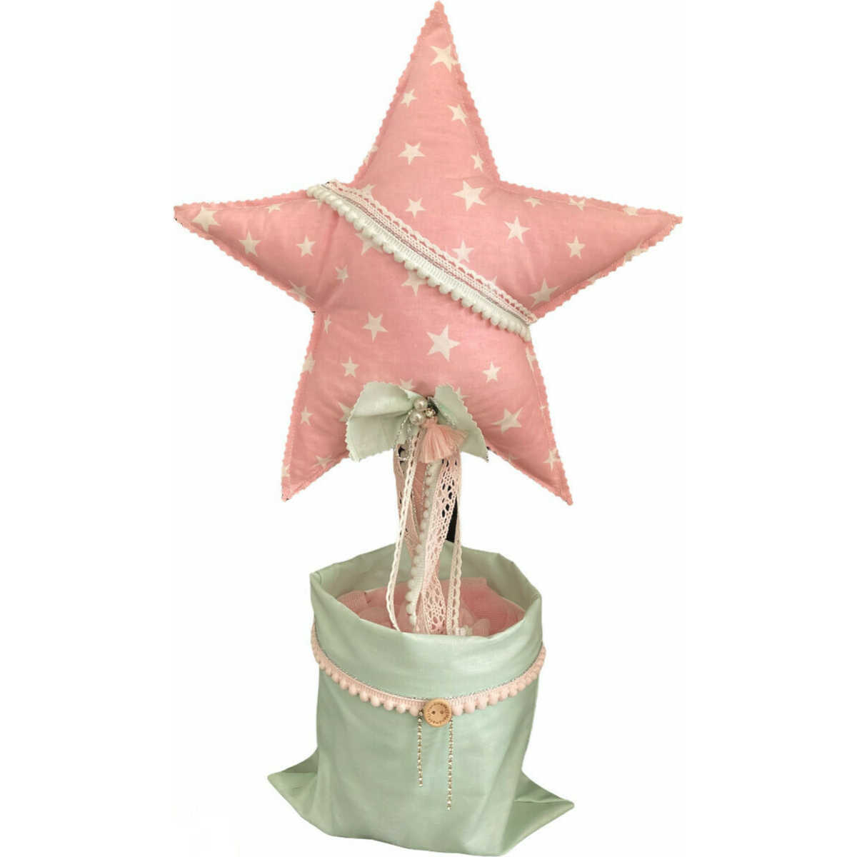 Χειροποίητο μαξιλαρένιο διακοσμητικό για βάπτιση με θέμα αστέρι σε ροζ-μέντα