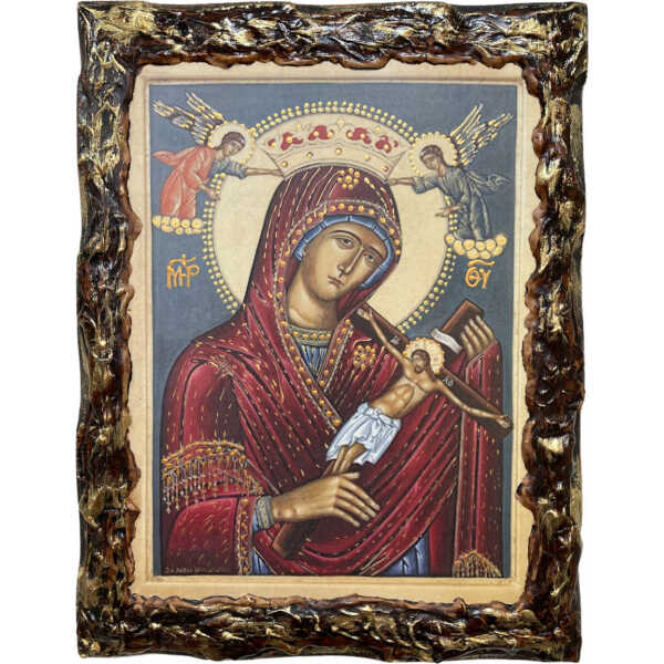 Χειροποίητη ξύλινη εικόνα “Παναγία του Χάρου” με περίγραμμα πάστας διαστάσεις 25×20εκ.