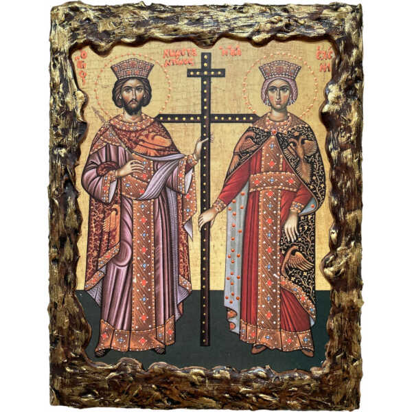 Χειροποίητη ξύλινη εικόνα “Κωνσταντίνου & Ελένης” με περίγραμμα πάστας 20×25εκ.