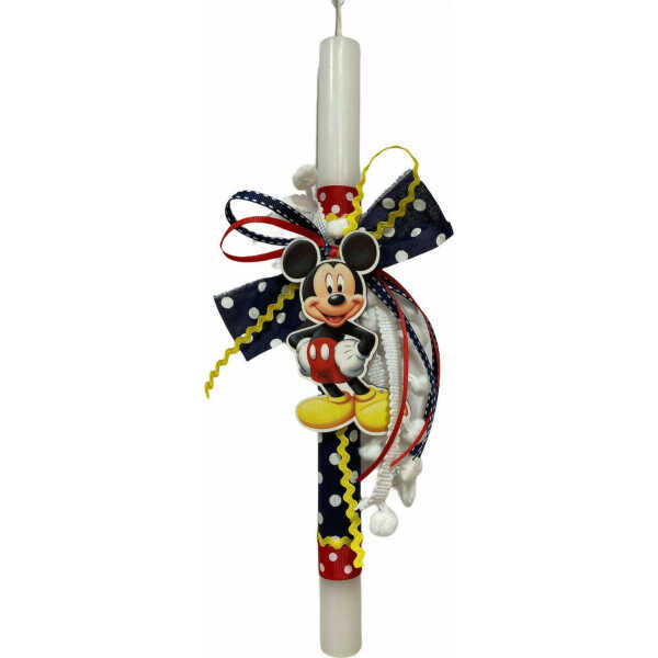 Χειροποίητη λαμπάδα 2022 για αγοράκι με ξύλινο Mickey Mouse μαγνητάκι σε λευκό αρωματικό κερί. Ύψος κεριού 30 εκ. Αποστέλλεται σε συσκευασία δώρου.