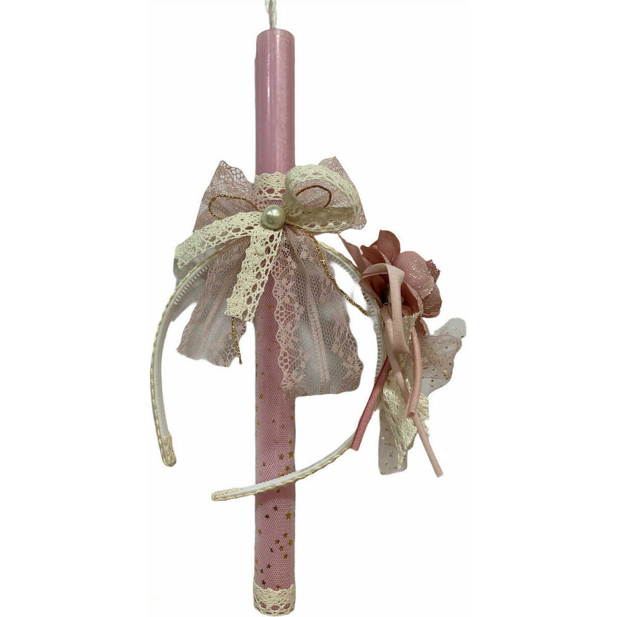 Χειροποίητη λαμπάδα 2022 για κορίτσι με στέκα για μαλλιά σε ροζ αρωματικό κερί.  Ύψος κεριού 30 εκ.Αποστέλλεται σε συσκευασία δώρου.