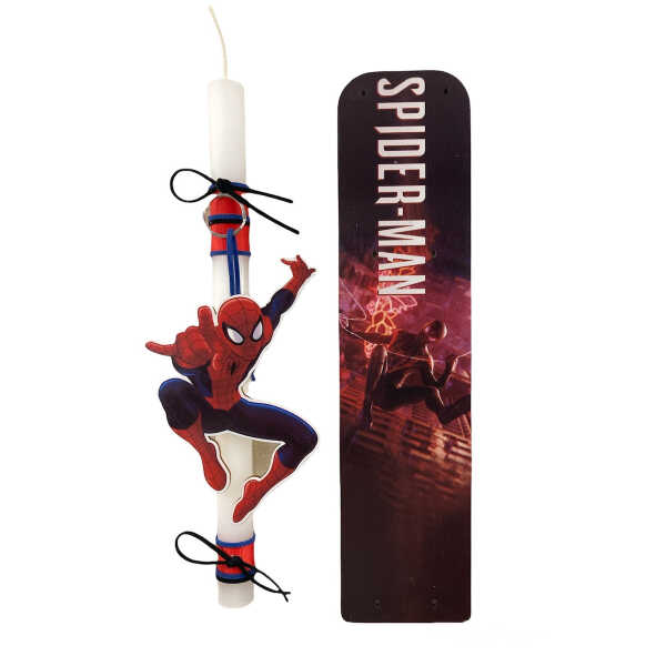Χειροποίητη λαμπάδα 2022 για αγόρι με ξύλινη φιγούρα μαγνητάκι Spiderman σε αρωματικό κερί με ξύλινη βάση τυπωμένη με το ίδιο θέμα. Ύψος κεριού 30 εκ. Αποστέλλεται σε συσκευασία δώρου.