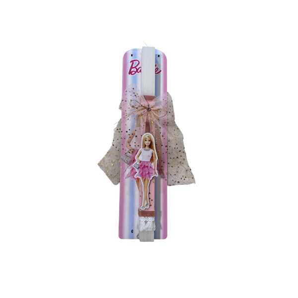 Χειροποίητη λαμπάδα Barbie με ξύλινη βάση και ξύλινο μπρελόκ. Ύψος κεριού 30εκ.